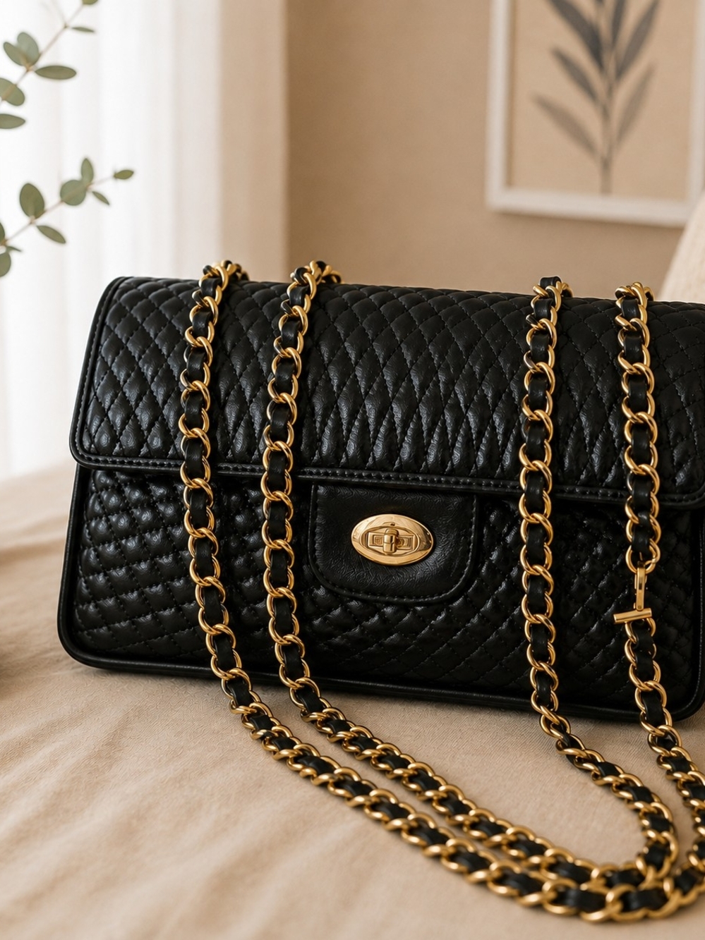 Quilted Vintage Bally Black Leather Chain Shoulder Bag with Gold Hardware
